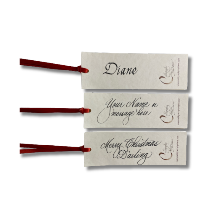 Personalized calligraphy bookmarks with burgundy ribbons