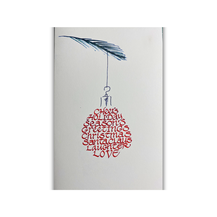 Christmas card featuring a red calligraphy ornament hanging from a blue feather