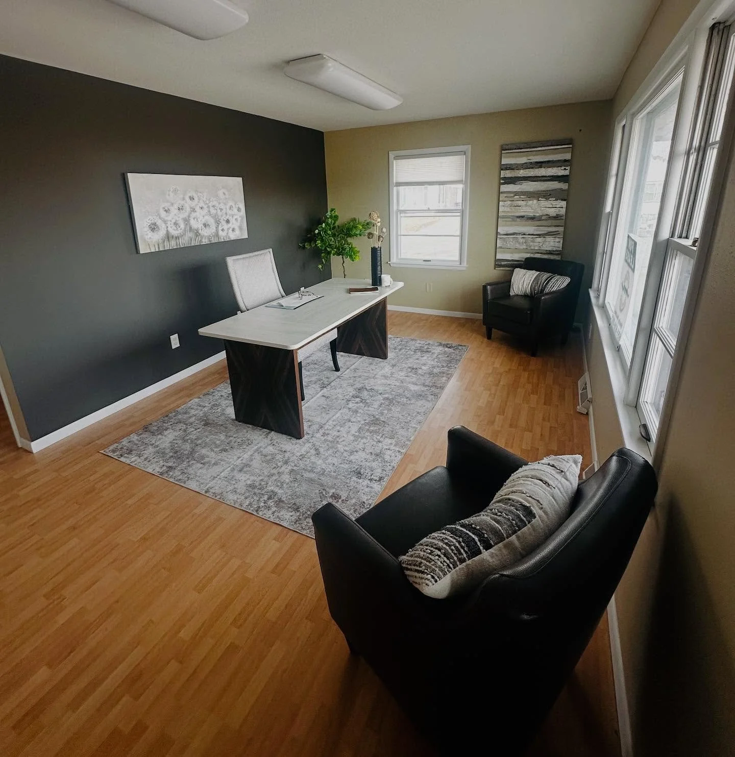 BEFORE &amp; after. Tasked with the challenge of turning this vacant commercial space into something a little more inviting. Painted a couple of walls, brought in some modern office flare and was able to use this management companies&rsquo; art and f