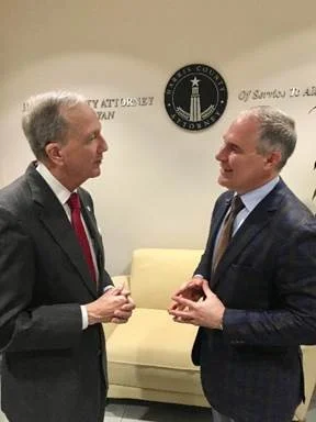County Attorney Vince Ryan (left) discusses the San Jacinto River Waste Pits clean-up plan with EPA Administrator Scott Pruitt on Thursday.