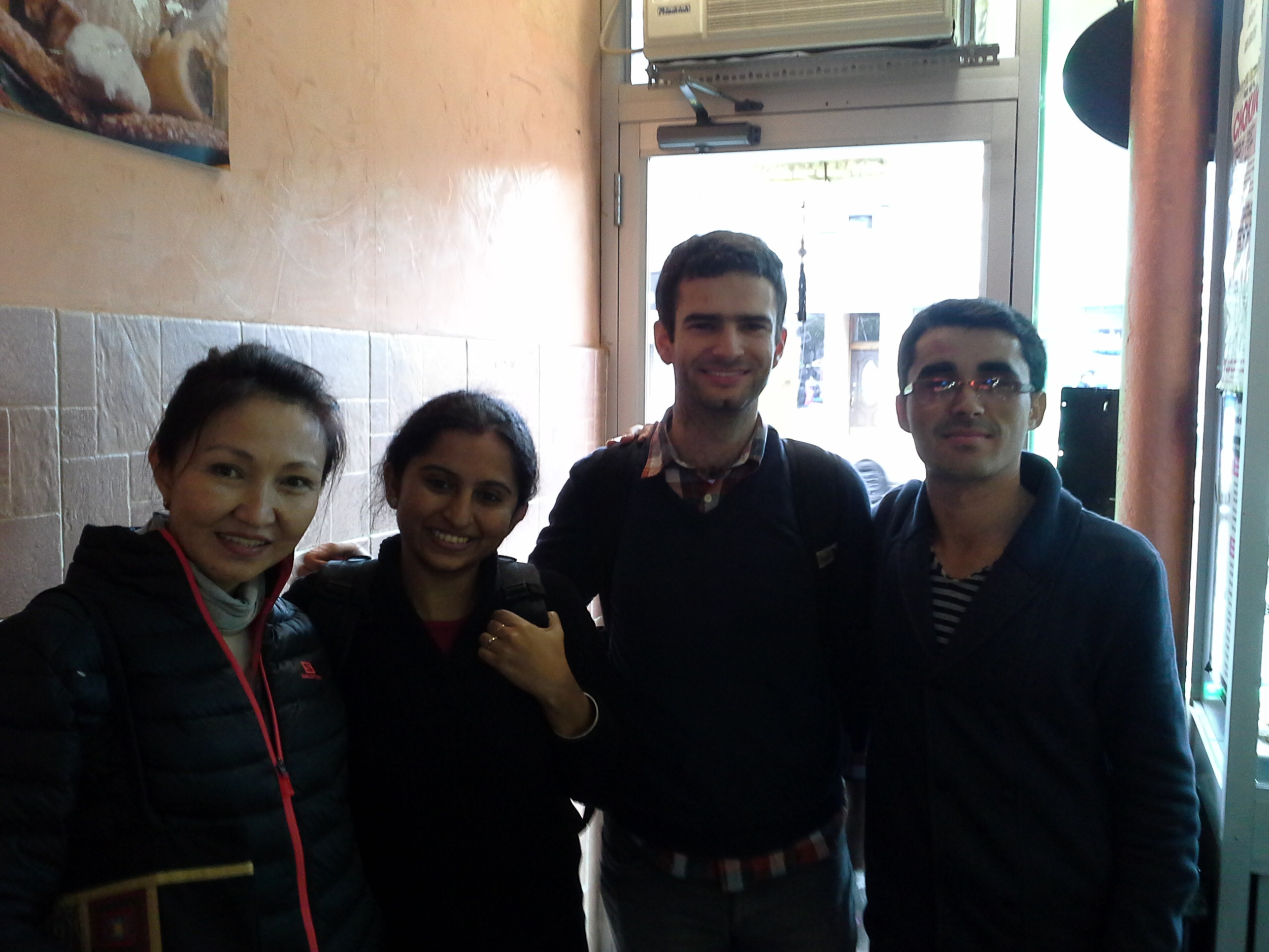 On October 11th I hosted three visiting Fulbright Scholars in One-to-World's "Discover New York" day. We went on a Silk Road-themed food tour of Queens, eating dumplings in Flushing, Indian food in Jackson heights, and Syrian pastries in Astoria. Pictured from left to right: Farida (Kyrgyzstan), Nidhitha (India), me, and Sayeed (Afghanistan) at Al-Sham bakery in Astoria.