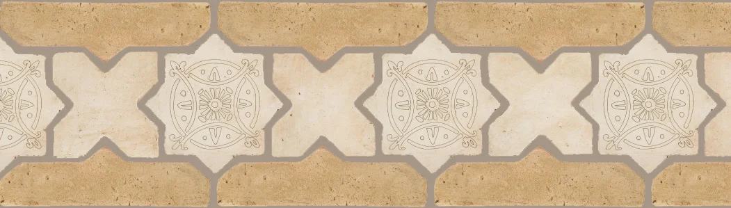 Pedralbes Terracotta P&C: BORDERS: STAR/CROSS + BORDER "SC": With DECORATIVE Designs Pattern # PFB-248 Option: STAR-EE-330-PGAW+CROSS-PGAW + VTG-PGGW