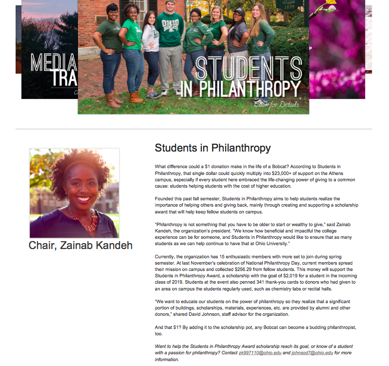 Sample of e-newsletter content, Division of Student Affairs, Ohio University. Photos by Ryan Jones, design by Tasha Gardone and her student media team. 