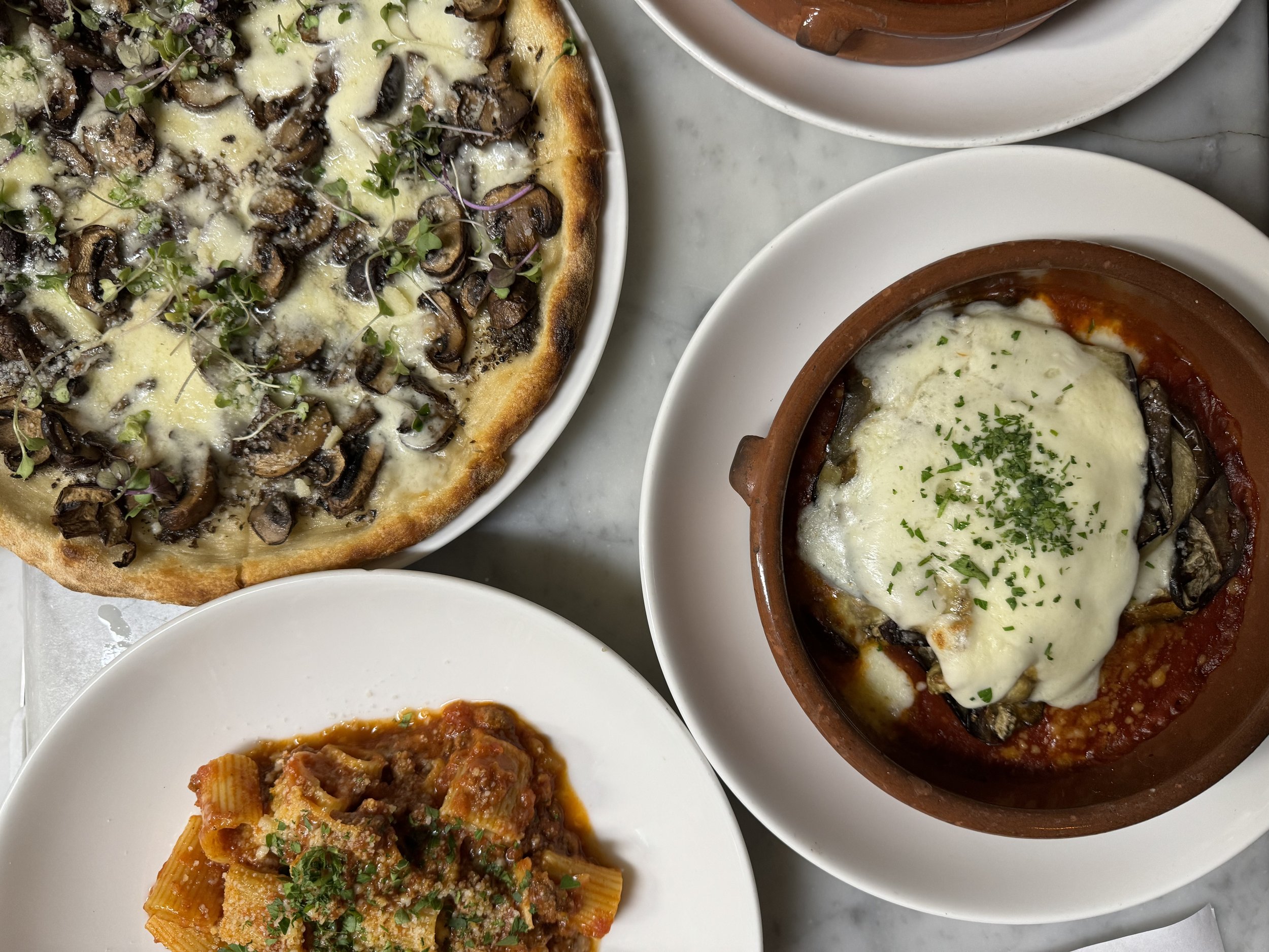 Multiple round dishes. One with a pizza with mushrroms and mozzarella. Onother one is a terra cotta disih with egglant layered with red sauce and topped with mozzarella. And one dish of tube pasta rigatoni with ground beef ragu topped with parmisan