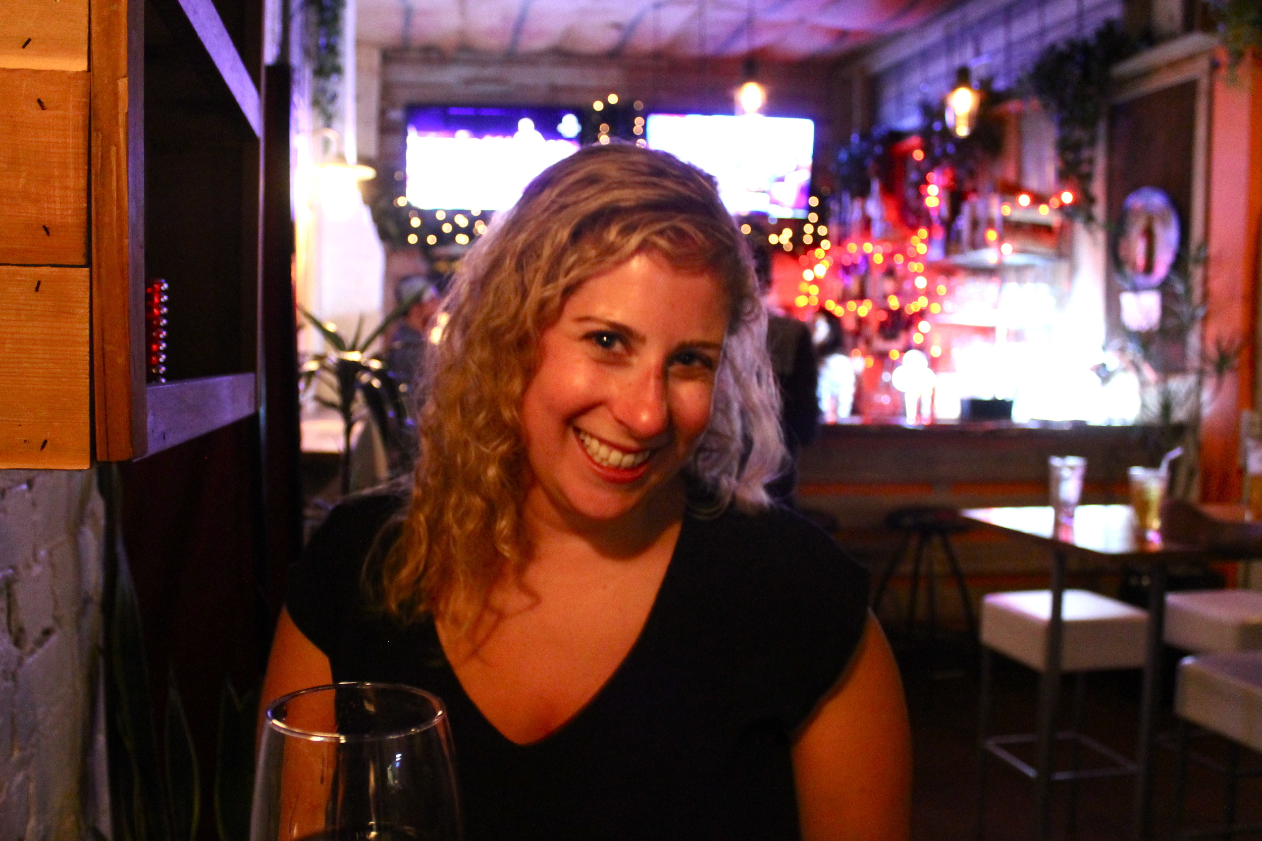 Sandy glowing, from a healthy mix of sunshine, red wine and steak. 