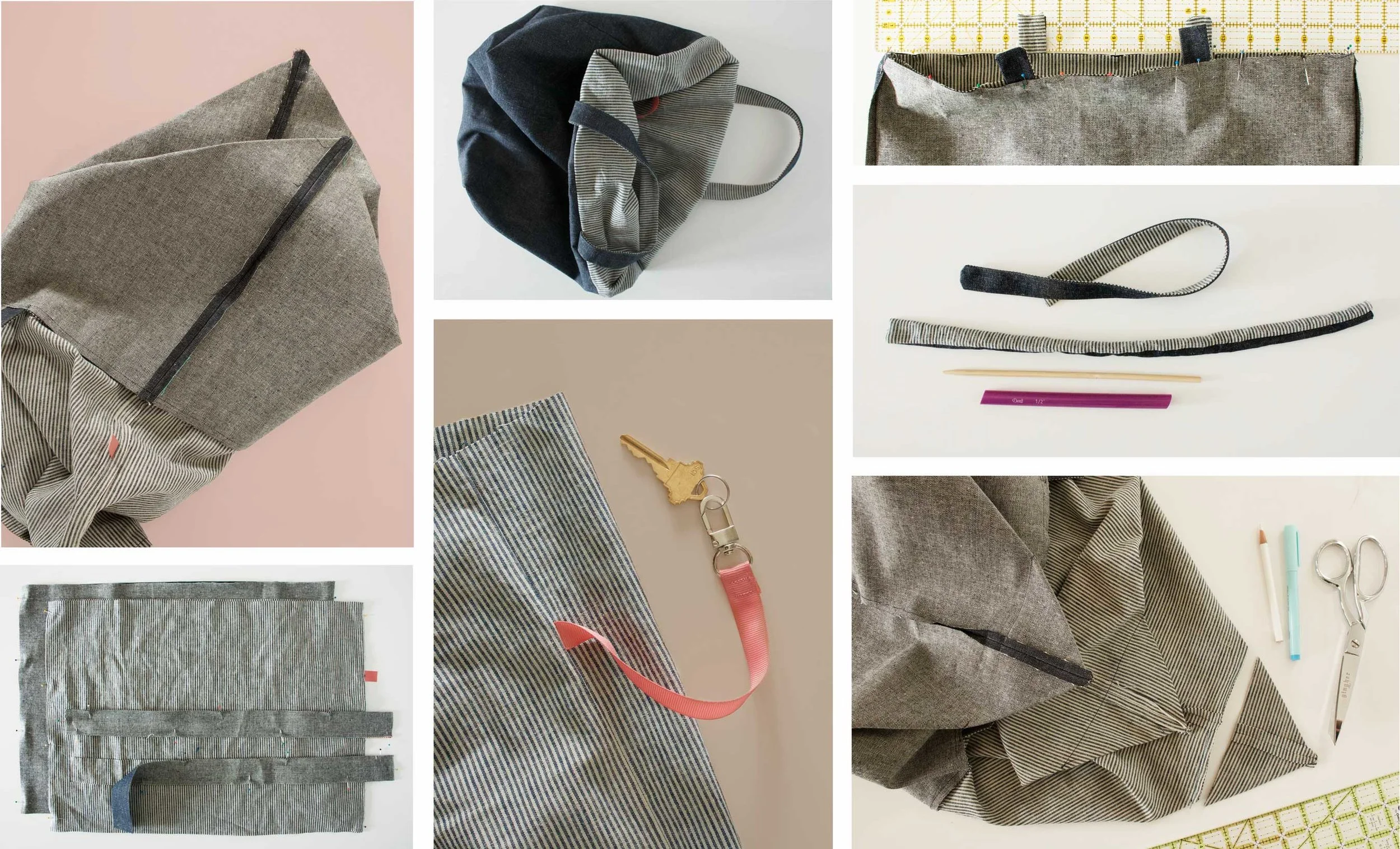 A montage of reversible tote assembly photos. Choose whatever stiff fabrics you want. Add details such as a key leash or a tassel. Make it your own. Maker instructions at ThreadandWhisk.com.