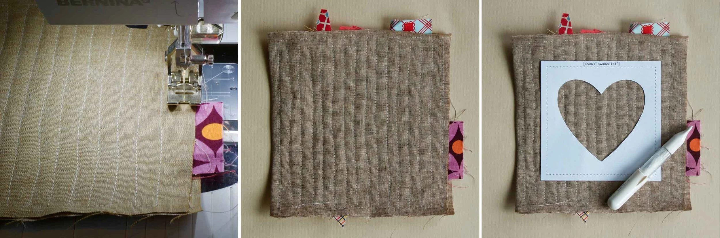 Quilting fabric, capturing fabric scraps in between, in preparation for using a slashing technique to create a heart design for a warming pillow. Full instructions at Thread & Whisk.
