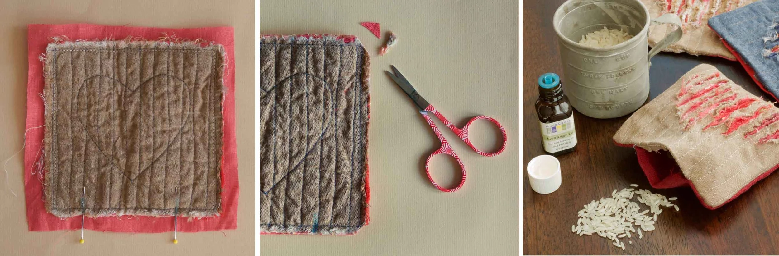 To complete the pillow, stitch the quilted fabric to a contrasting fabric, trim, snip corners and turn right side out. Scent a cup of rice with a favorite essential oil, stuff the pillow, and hand stitch it closed. Full instructions can be found at Thread & Whisk.