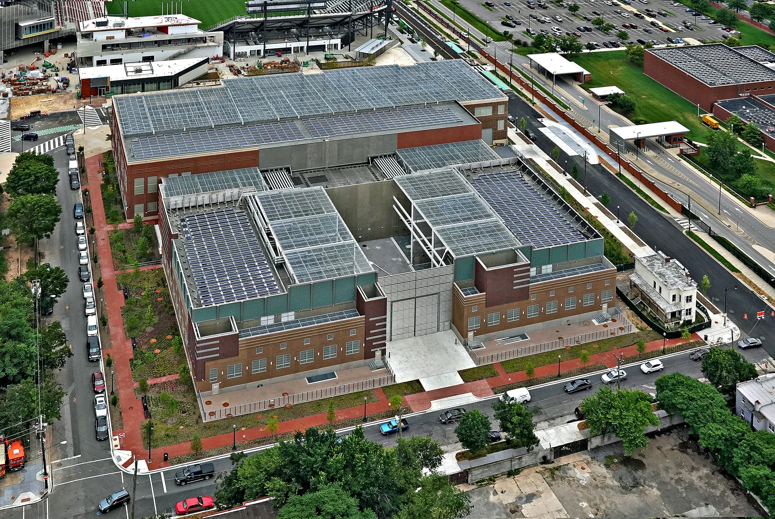 Aerial view of the Coakley and Williams Construction PEPCO Waterfront Substation project including the James C. Dent House (bottom right)