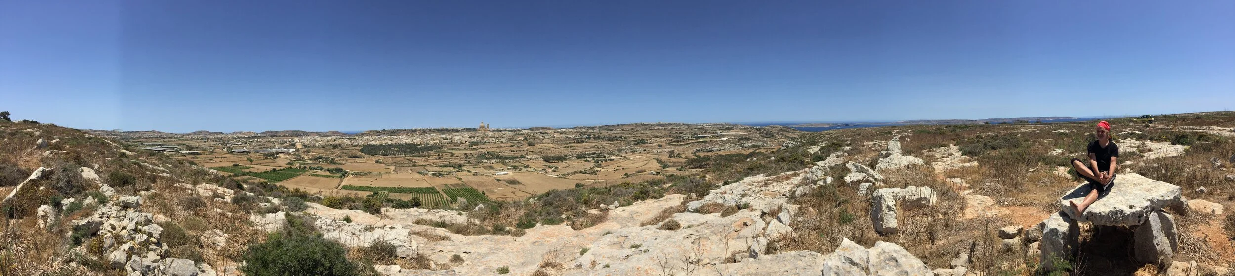  360 view from Ta'Cenc Dolmen, of the valley below and the alignment with Xewkija, and Ggantija. -with Om Ray Zahra 
