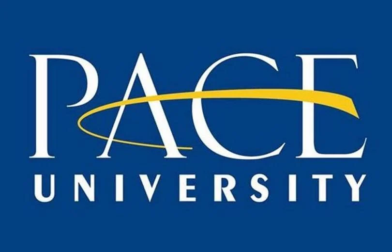 A dark blue background that says "Pace University" in white writing. There is a yellow ribbon in the middle