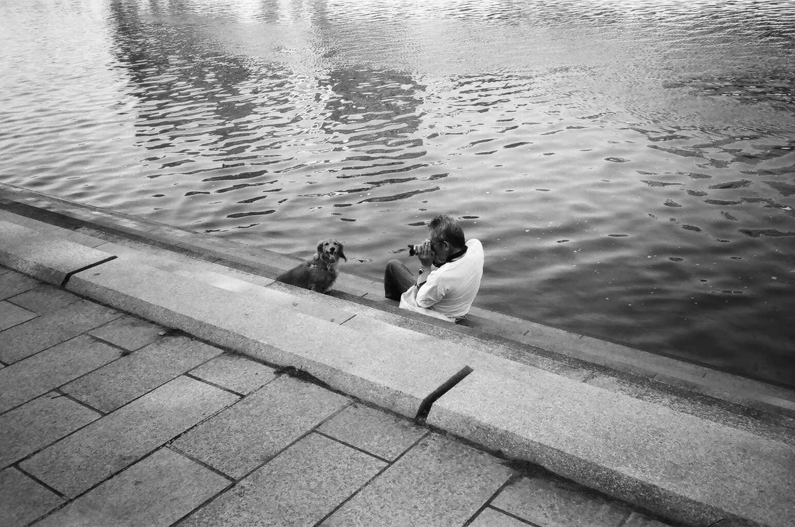  A man photographs his dog by the banks of the Ōta River. The steps wade into the cool water making it a popular place to sit and admire the city during the summer. 