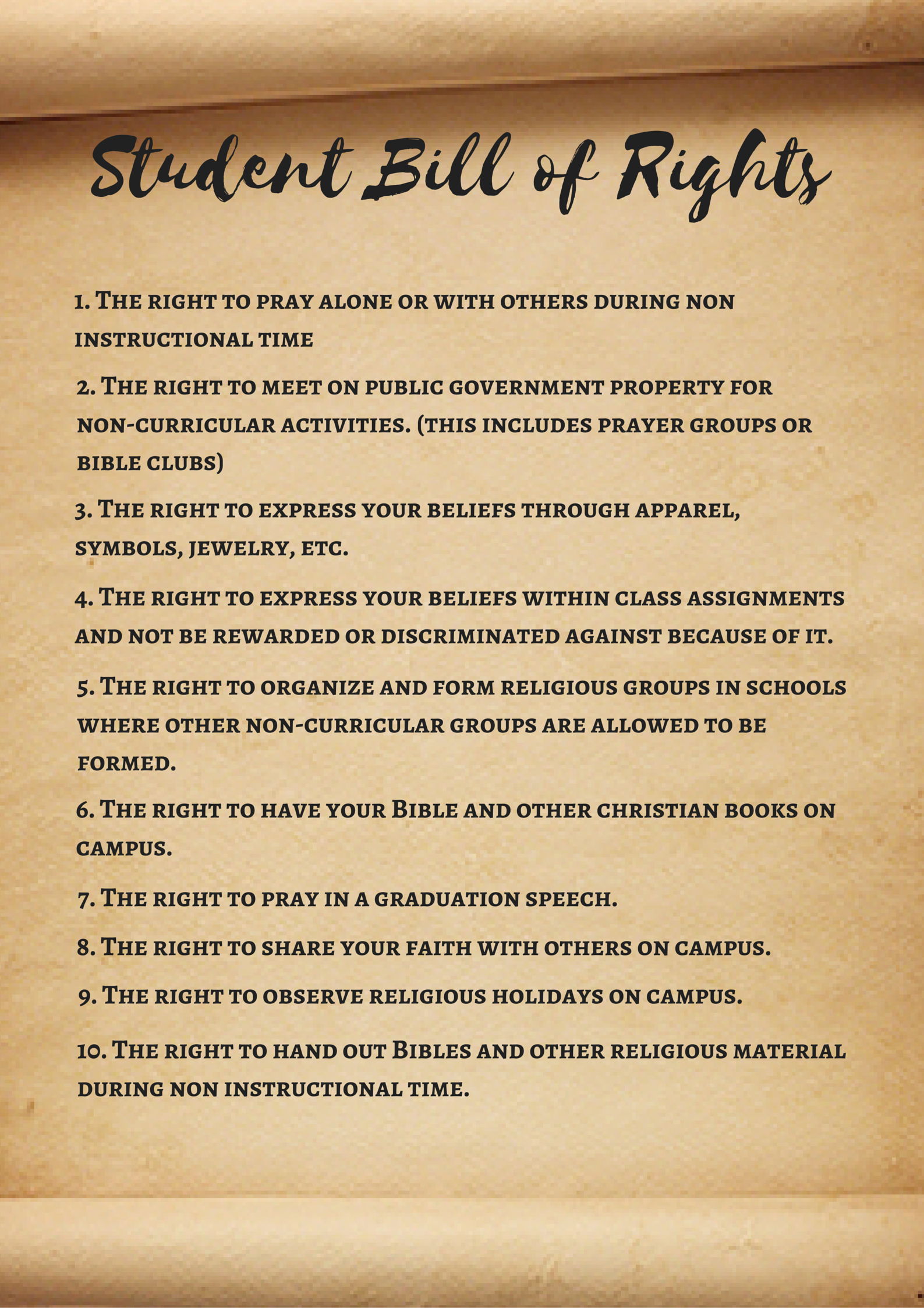 * The YFA Student Bill of Rights was created using Department of Education guidelines for Religious activities on school campuses and court cases affirming the 1st Amendment rights of students and teachers.