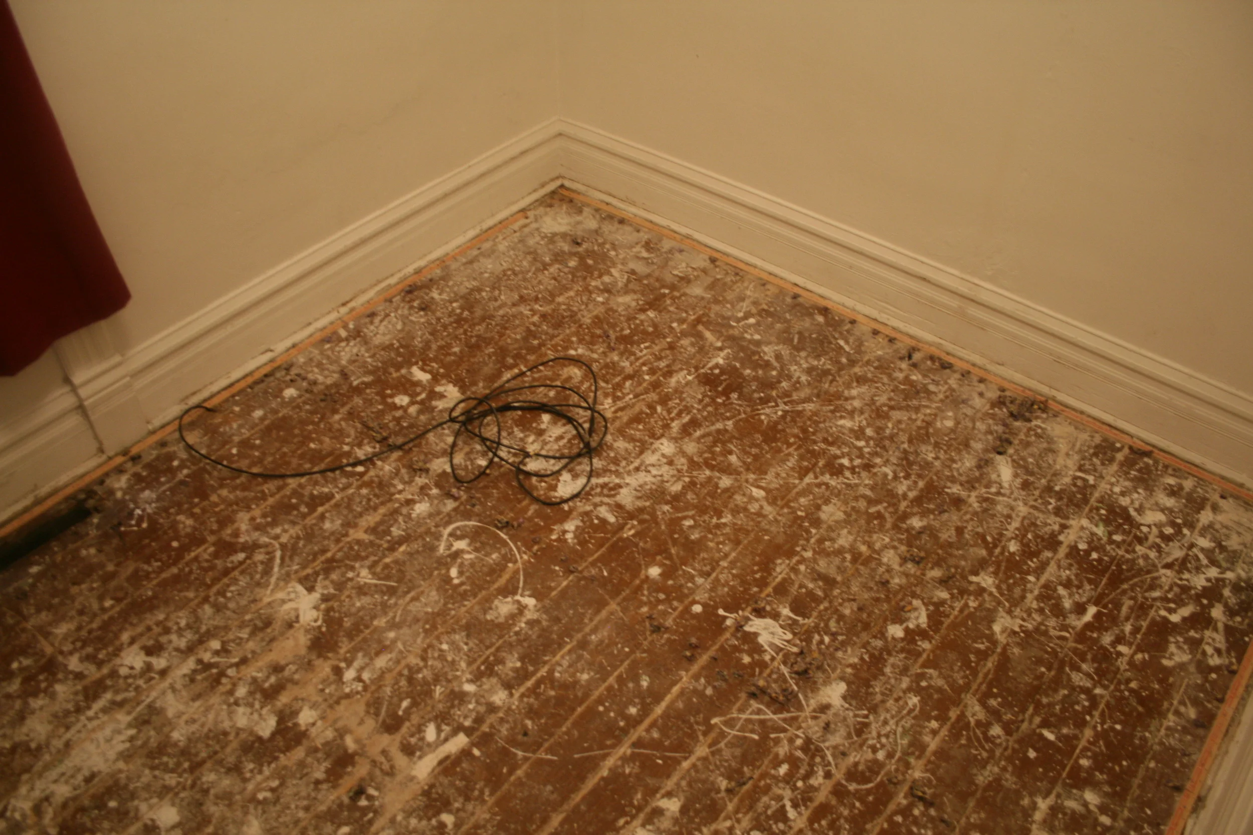 And here are the wide, old boards telling us all about how the person who painted this room and ceiling white gave not two fucks about the wood floor. So much care flowing in opposite directions. We have, after all, not been very nice to the carpets, which we drew and quartered, stacked in what's essentially a dumpster-sized ikea bag, and paid to never see again. "Someone went crazy or else a painter lived here who only used white paint." 