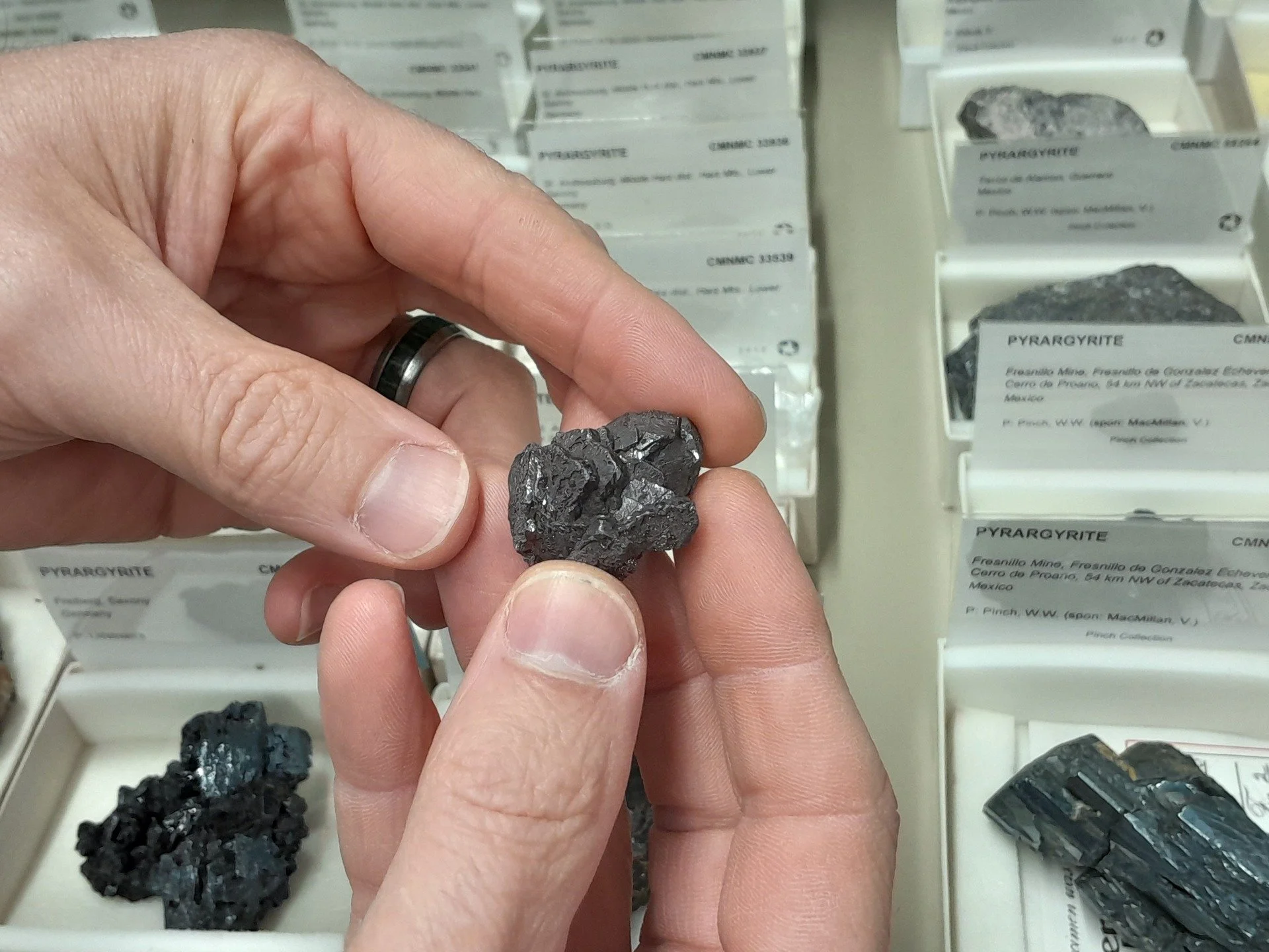 #MineralMonday: Did you know THIS about Pyrargyrite?
[Ag₃SbS₃]

Also known as dark ruby silver, pyrargyrite is a striking silver sulfosalt mineral prized for its deep red to reddish-grey colour and brilliant adamantine lustre.

Fun Facts:
🔹 Name fro