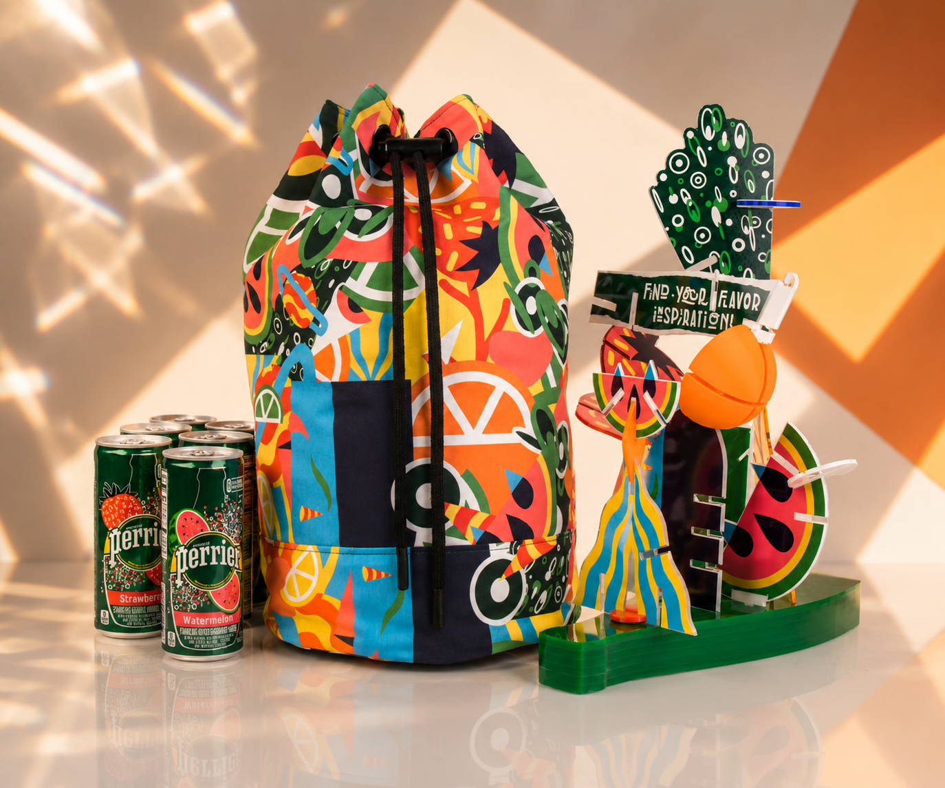 Perrier custom mixed material reusable abstract puzzle sculpture in custom matching printed bespoke bag created by The Zing Effect as branded product art