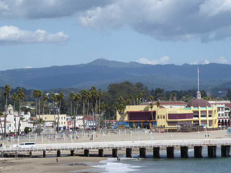 Santa Cruz Wharf  and Casino with Loma Prieta  in distance. 