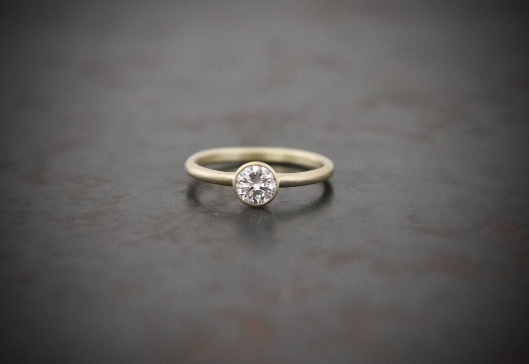 18 karat yellow gold (reclaimed) and heirloom diamond. Hand fabricated.