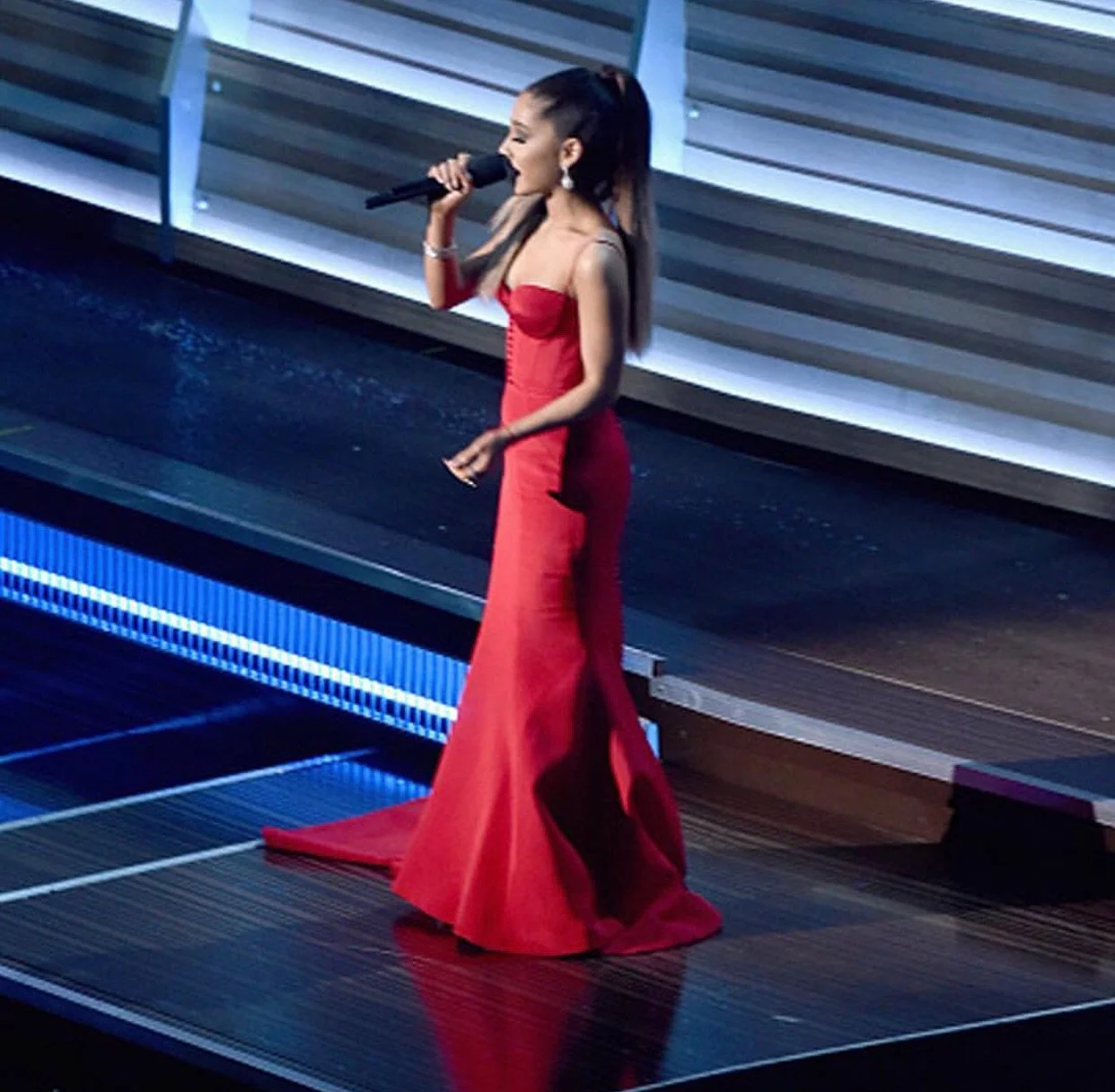 MIC DROP
Ariana Grande introduces The Weekend at the 58th Grammy Awards performing &ldquo;Earned It&rdquo; 
With a funny line:
&ldquo;How did this next performer land his seven nominations tonight, including Album of the Year and Song of the Year&hel