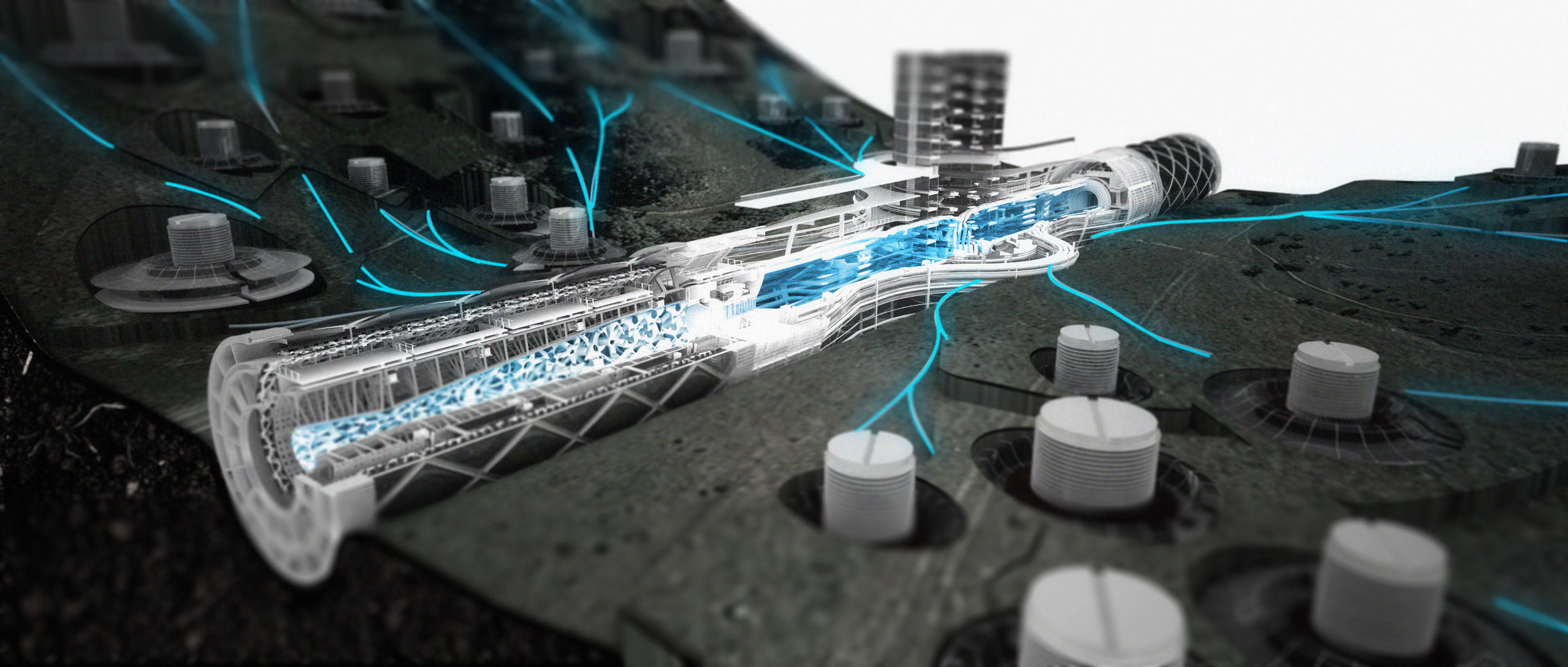 Tube as typology integrated plant factory, office, water center and transportation channel into one continuous tube infrastructure.