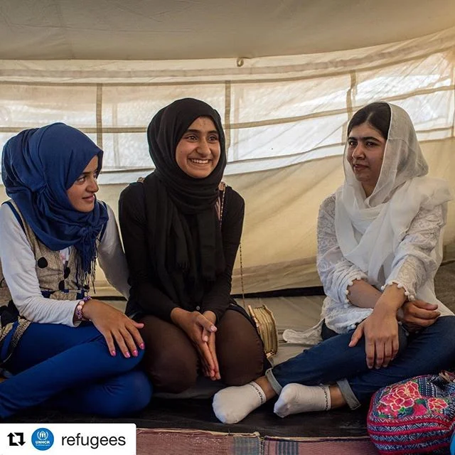 #images4change  @refugees // &ldquo;I used Malala as a source of hope and inspiration to overcome my difficulties. I knew that one day I would be able to go back to school.&rdquo;
Anwar (center) welcomed Malala Yousafzai to her tent in Hasansham camp