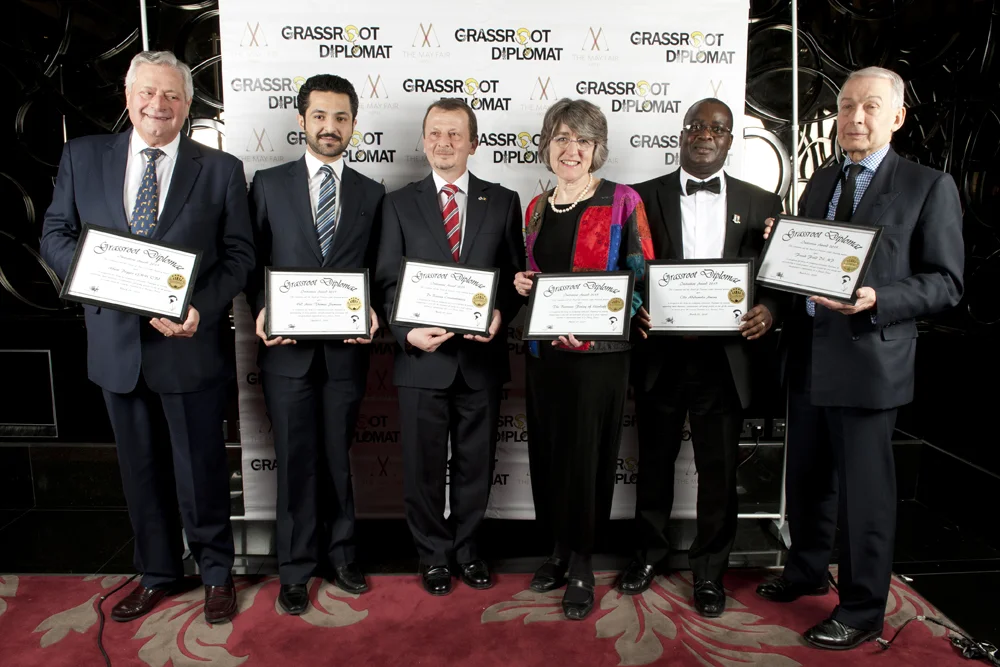 (L-R) Honourees Albert Poggio OBE, rep from Bahrain, Dr Razvan Constantinescu, Baroness Finlay, Cllr Adedamola Aminu, Frank Field MP