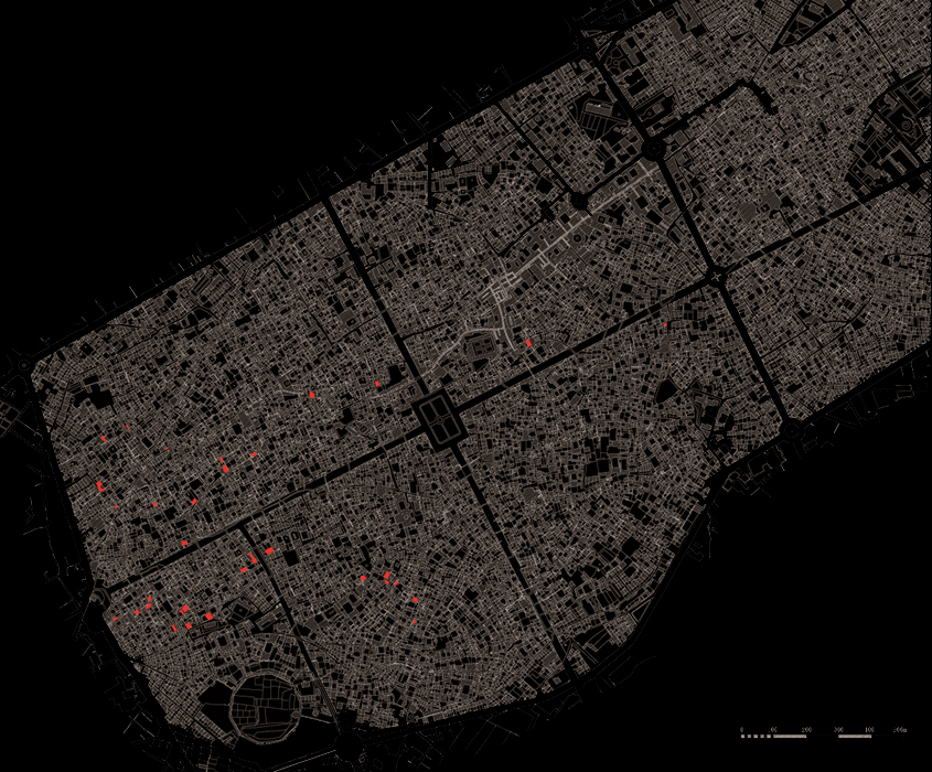 Figure 1: Mapping the existing Sharbafi (silk textile craft) Workshops within the nineteenth century limits of the city of Kashan, (Iran). By Nader Sayadi, based on the municipal base-map of Kashan, Fall 2009