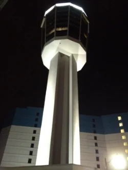 Once I got it out of my head that the thin lollipop stick was all that held us up in a building that looked designed for the purpose of attracting lightening, it was fine. Even in the rain.