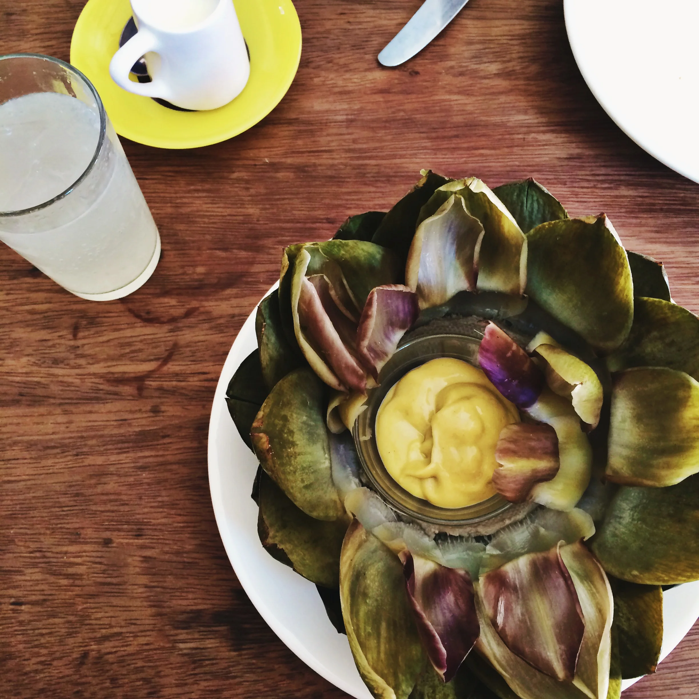 The globe artichoke with dipping sauce at Leila's Café.