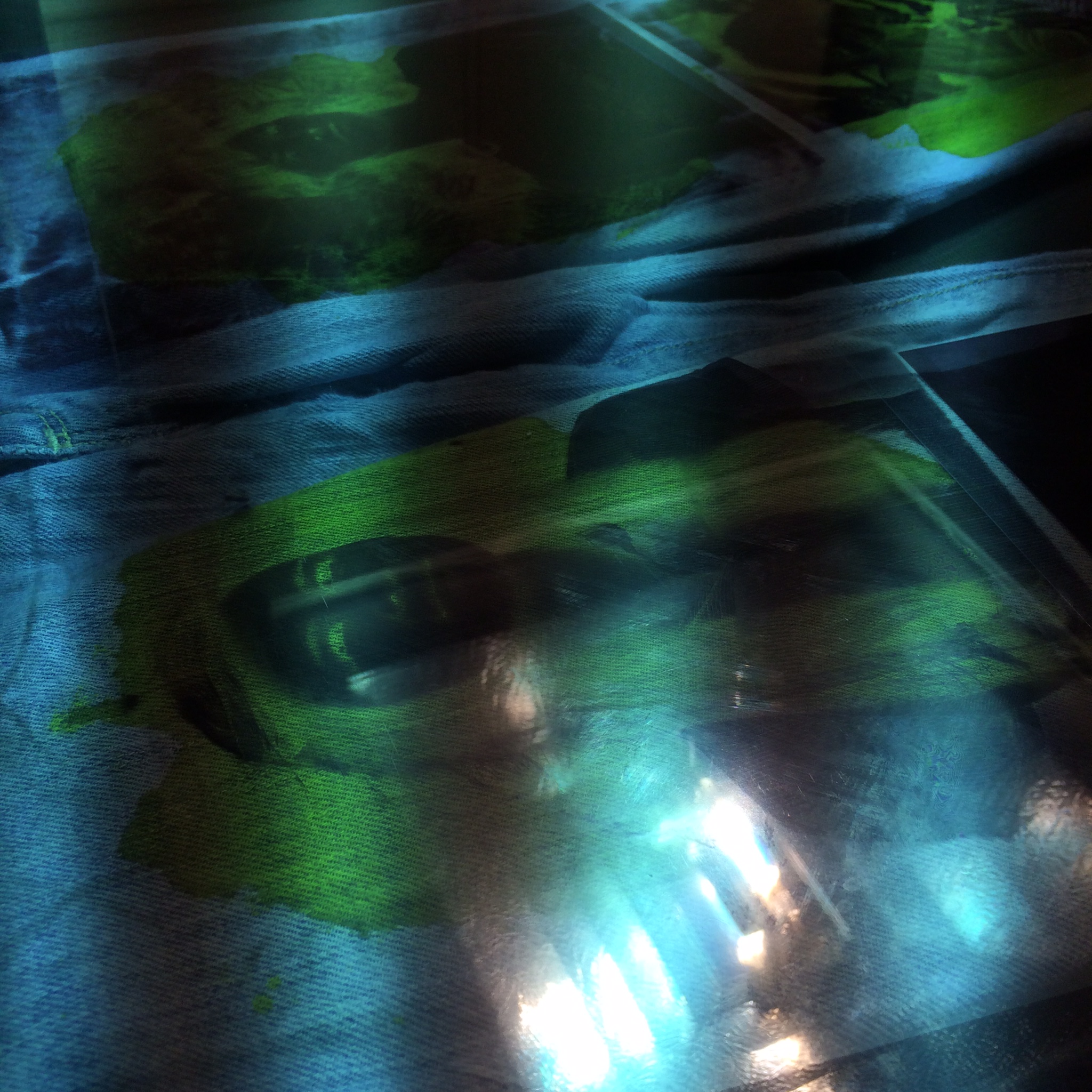 I took this image while the jeans were being exposed under UV light, hence the weird vertical dark spots. 