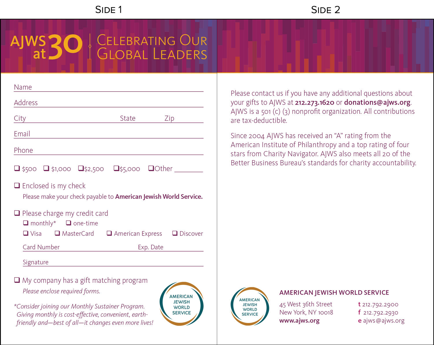 30th Anniversary Gala, pledge card