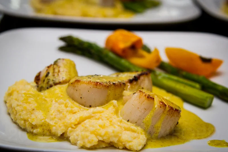 Pan Seared Scallop on Polenta with Madras Curry Cream Sauce
