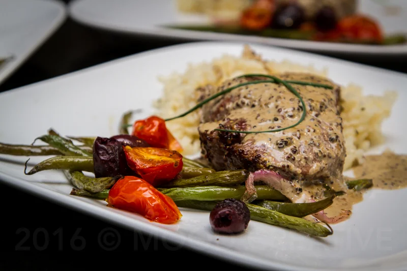 ~ Suggested plating with blistered medley of Green Beans, Heirloom Cherry Tomatoes, Red Onions, and Calamata Olives, along with Chive Herbed Risotto. ~