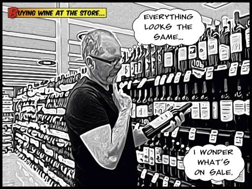 Patrick, posing for a comic book shot of a confused wine shopper.