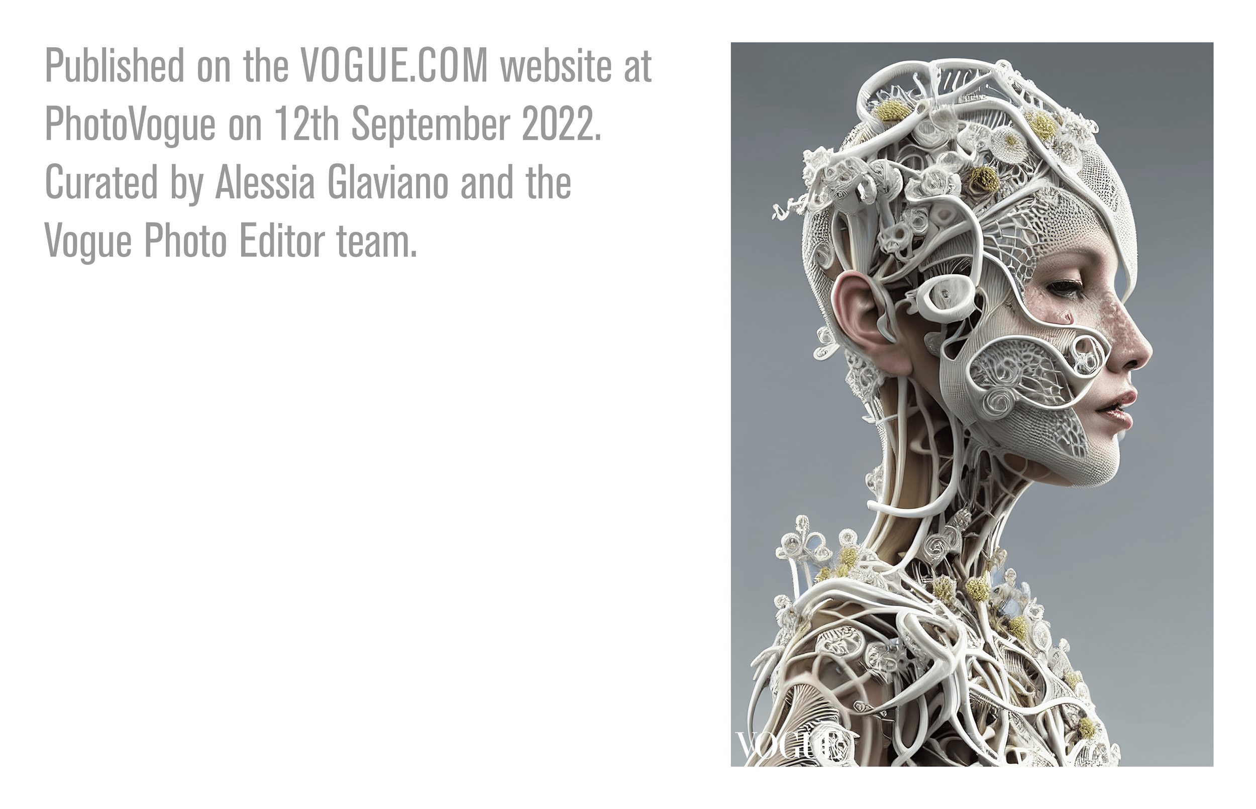 Promotional image showing PhotoVogue publication details for the artwork Judith – Biomechanical Cyborg, featuring Vogue logo and publication date text beside the motif.