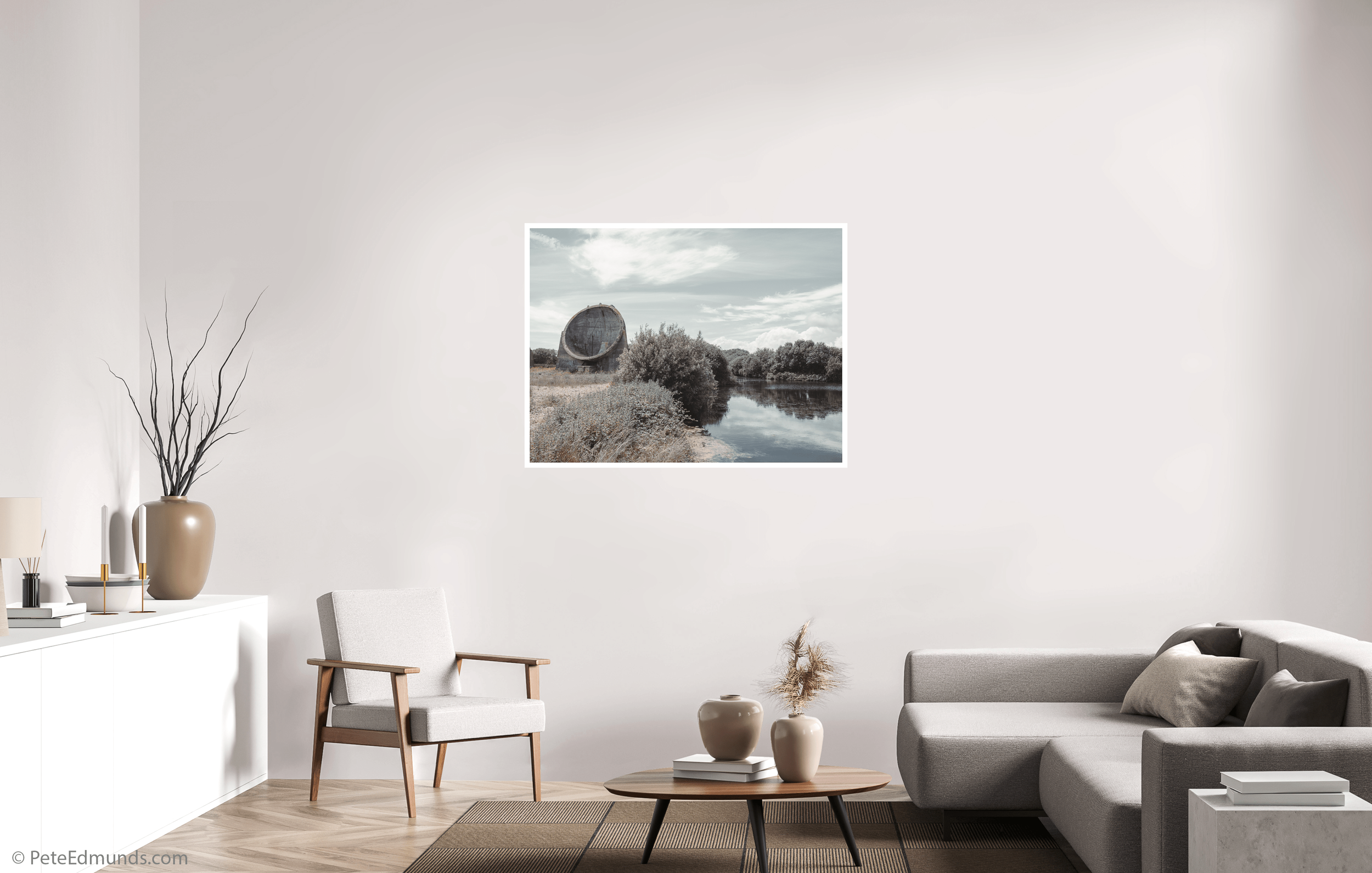 Fine art print Sound Mirror, Greatstone, UK by Pete Edmunds, 120 × 90 cm with 2 cm white border, displayed in a modern living room with wide wall view and natural light.