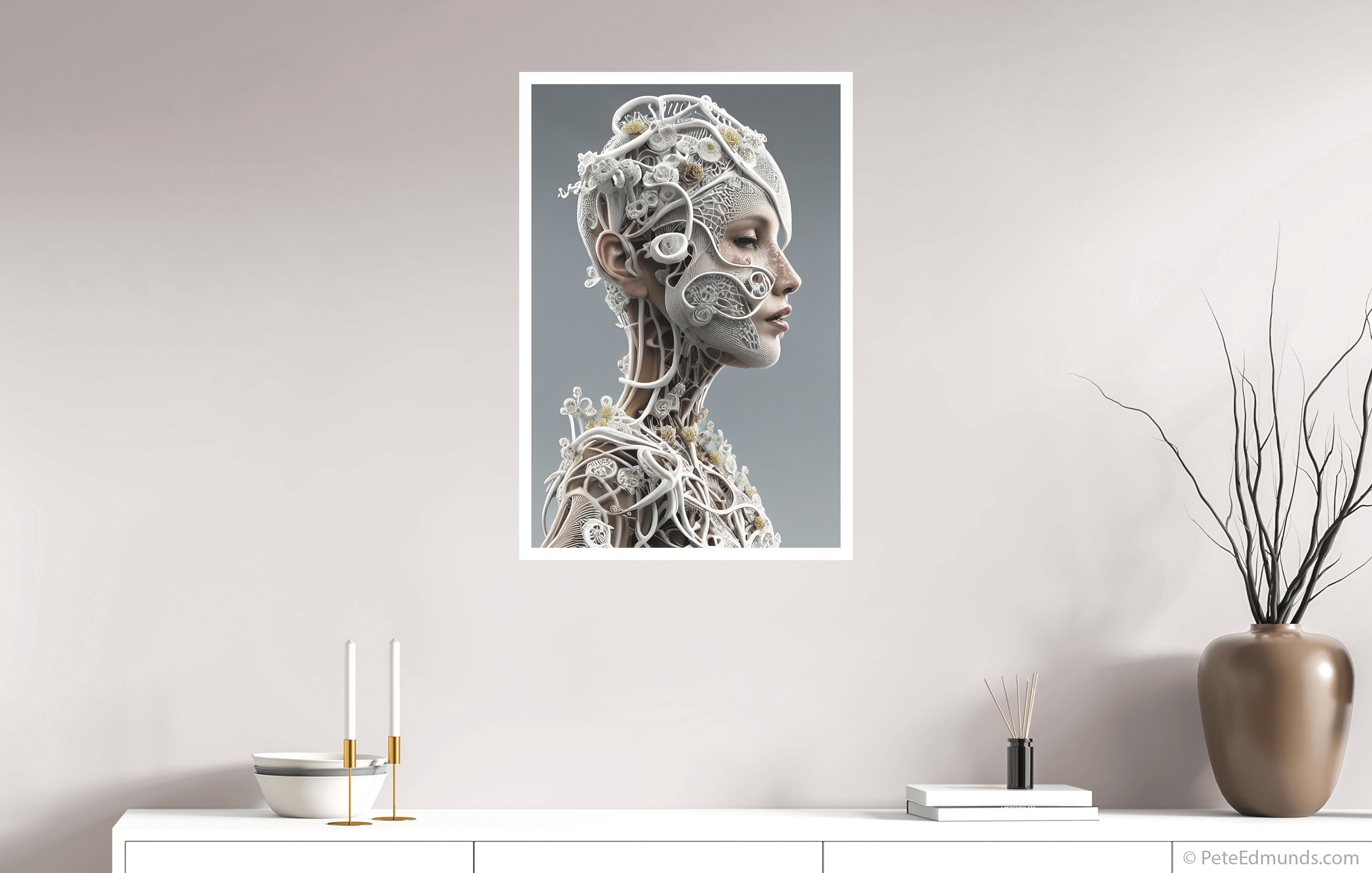 Fine art print Judith – Biomechanical Cyborg by Pete Edmunds, 75 x 50 cm with 2 cm white border, shown above a white sideboard in a modern interior.