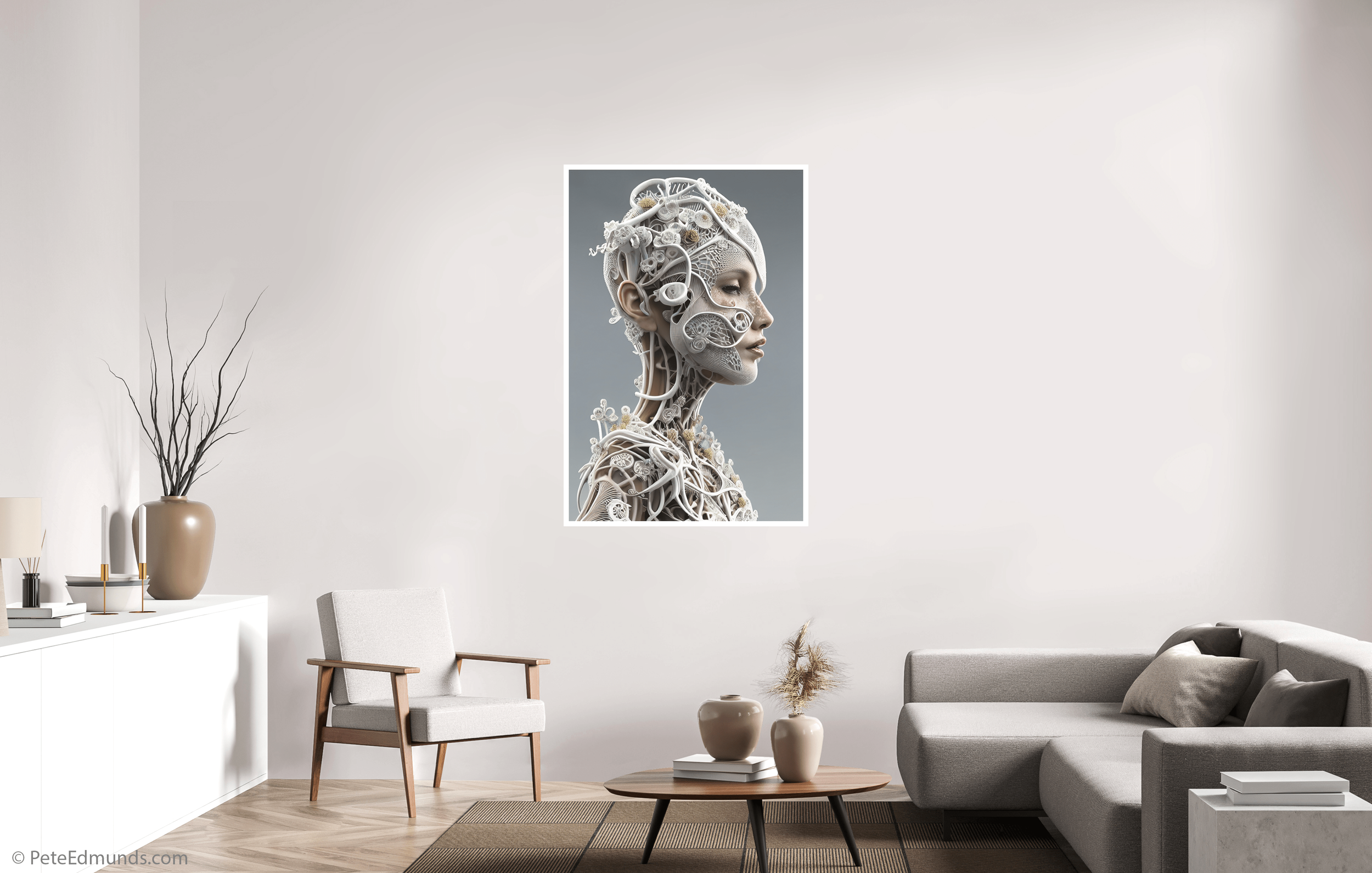 Fine art print Judith – Biomechanical Cyborg by Pete Edmunds, 135 x 90 cm with 2 cm white border, displayed in a minimalist living room with neutral decor and soft natural light.
