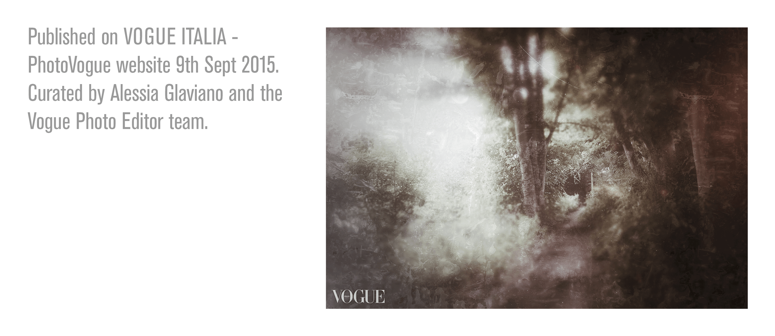 Promotional image showing PhotoVogue publication details for No Rhyme Or Reason, featuring Vogue logo and publication text beside the photograph.