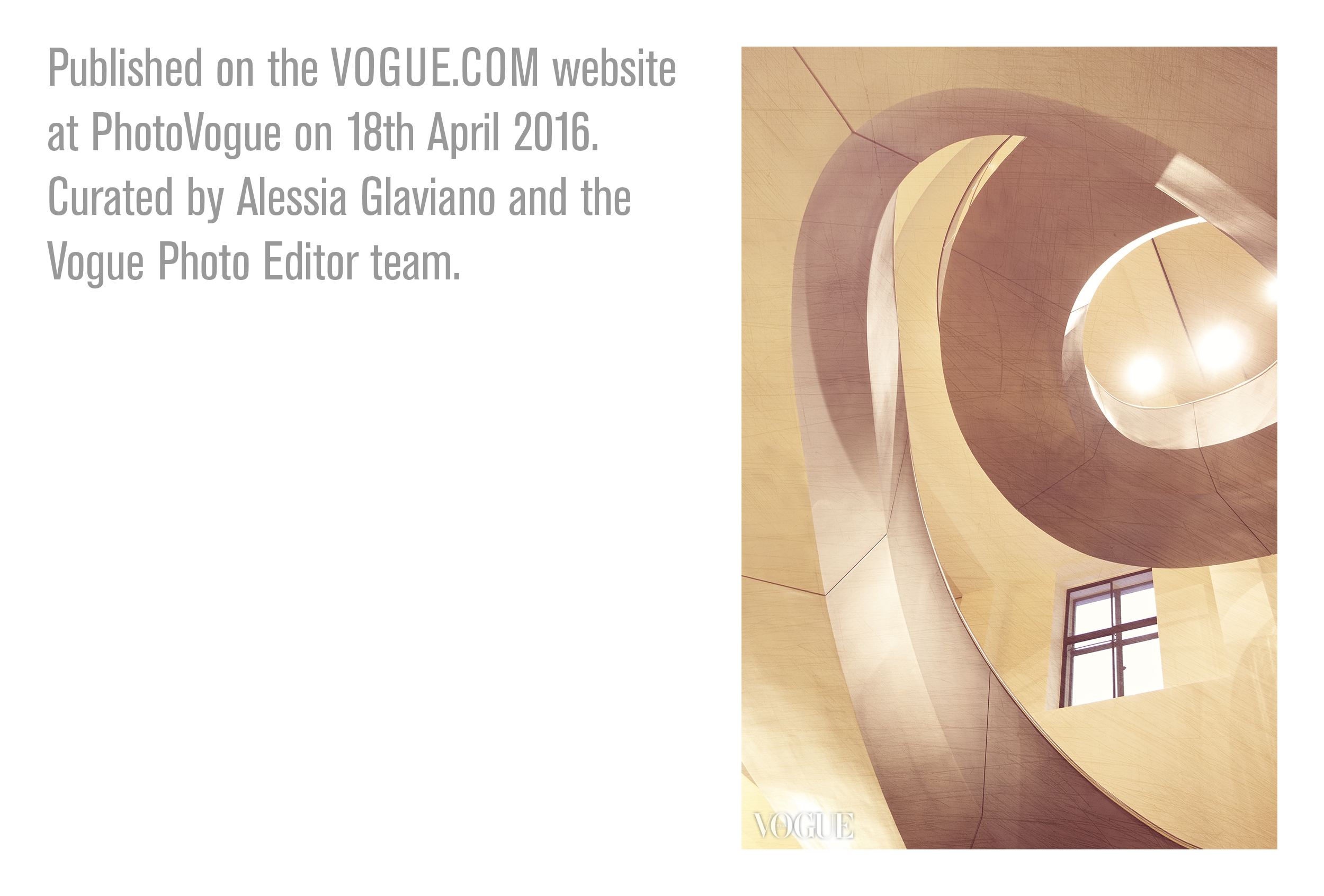 Promotional image showing PhotoVogue publication details for Fibonacci Twist (Wellcome Staircase), featuring Vogue logo and publication text beside the photograph.
