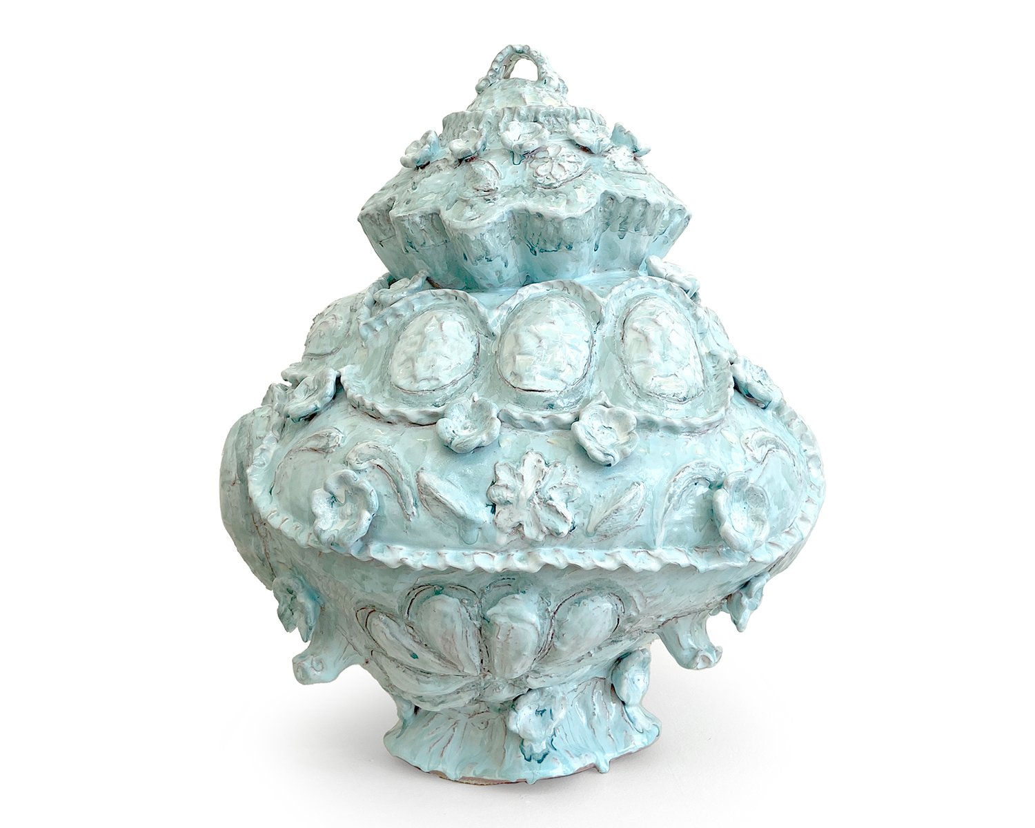Inlaid Jar, 2023, earthenware, glaze, imitation porcelain shards, 27” x 24” x 23” $8500 - Available