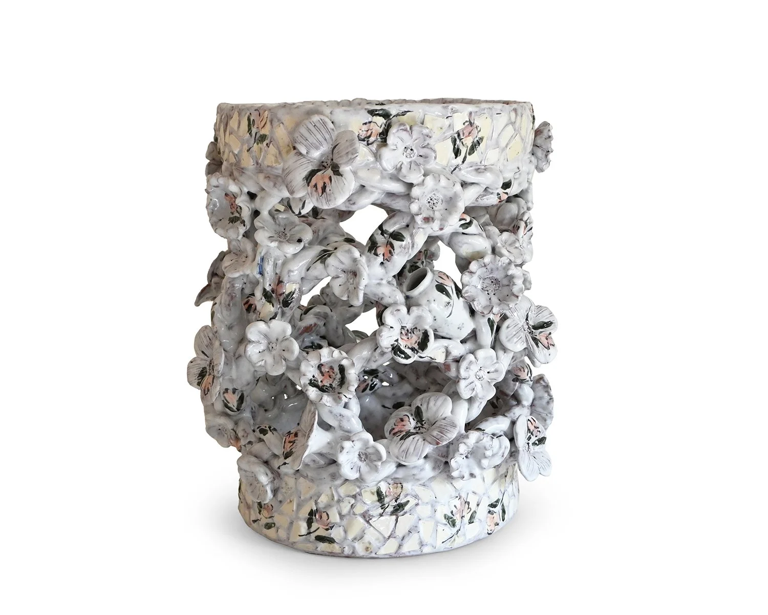  Floral Basket, 2025, earthenware, glaze, imitation porcelain shards and figurines, 15.5” x 13” x 13”   $6500 - Available   