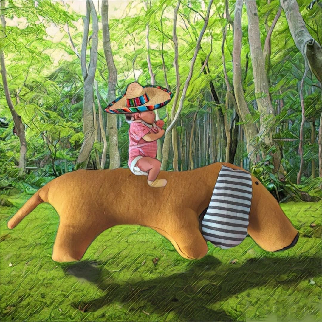Riding her stuffed dog Rufus through the wild jungles of Mexico