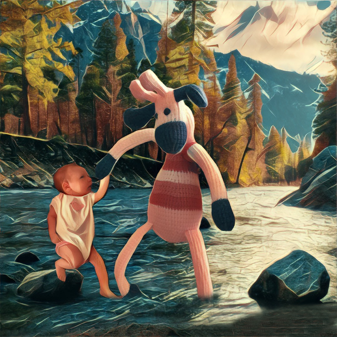 Travelling across a river with her friendly, stuffed, pink, giraffe, Juan Sebastian.