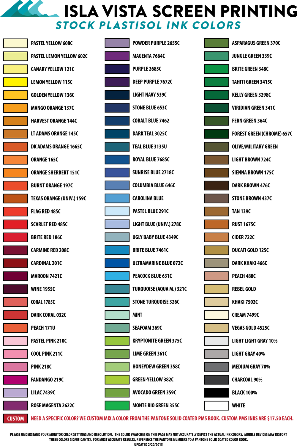 Ink Color Chart — Isla Vista Screen Printing & Embroidery