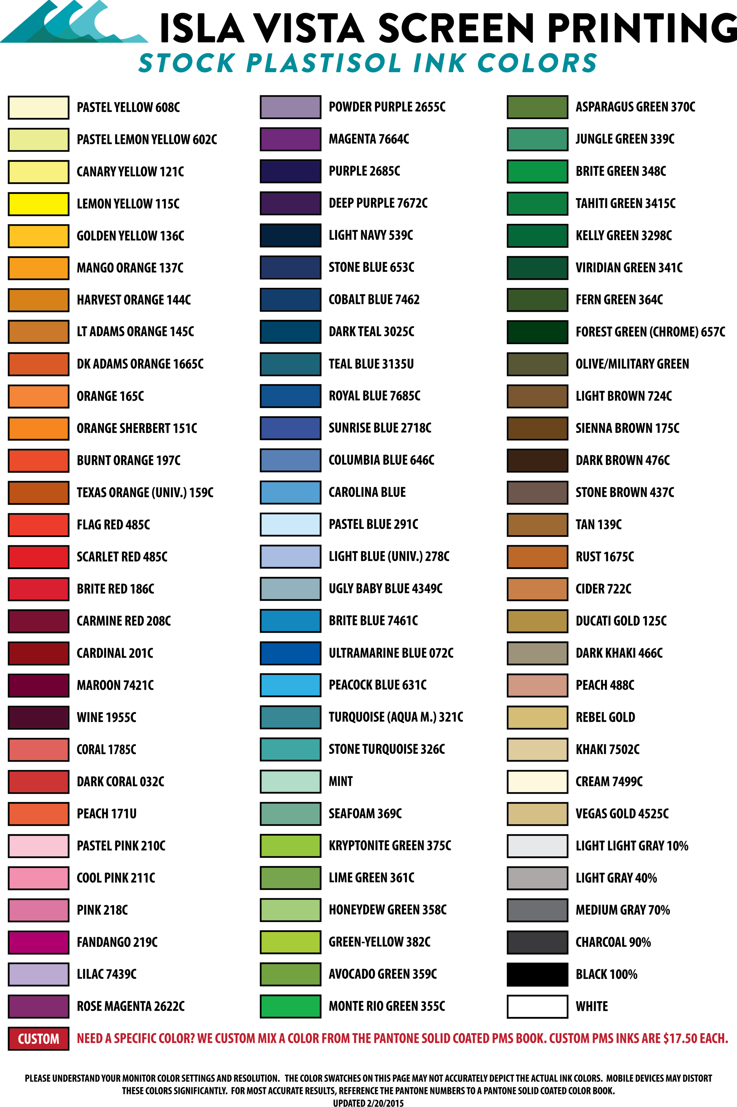 Screen Printing Ink Color Chart