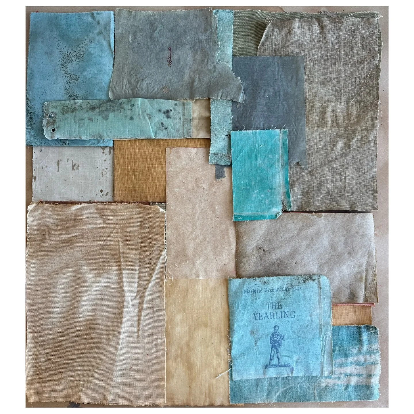 Finally some time back in my Sausalito Studio. I found I had taken all the paint to my home studio, but I had my book linen covers and tiny bits that I&rsquo;m using for my AFTERMATH series. So I &ldquo;painted&rdquo; with them. The first layout is a