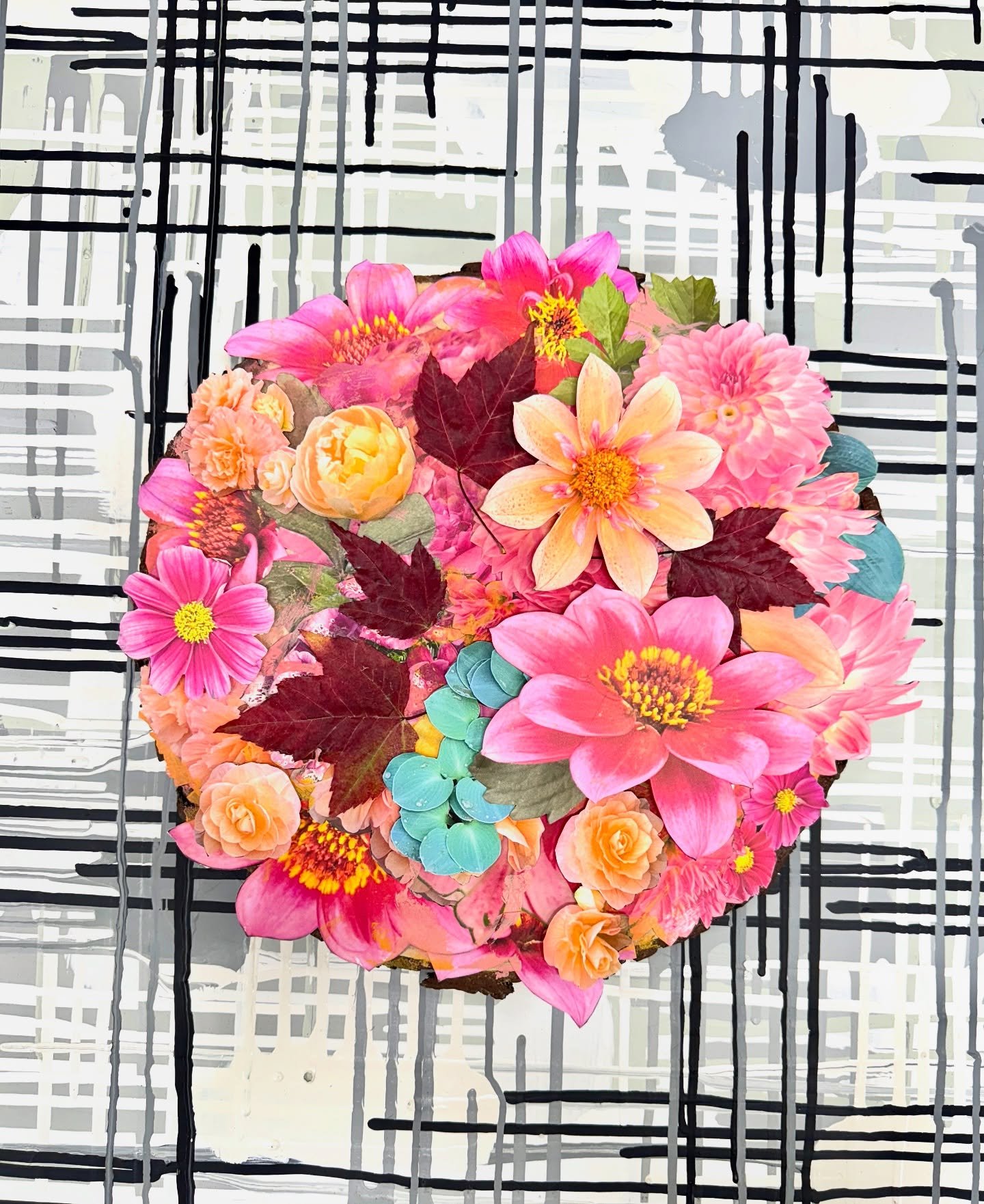 I&rsquo;m delivering this circular piece collaged on a slice of a tree for an exhibition opening in Santa Rosa. It is called London Blooms as I took all these photos at the Chelsea Flower Market. There are a few leaves from outside my Forestville Stu