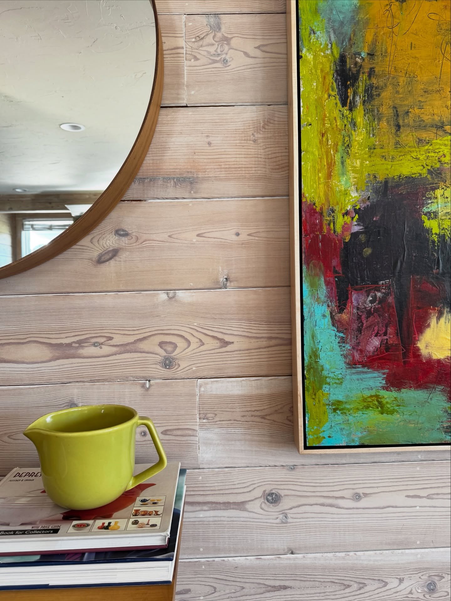 Fun to hang my painting in a new location and see how closely the R&amp;F Cadmium Green oil stick color matched some vintage Bauer ware I had sitting out. I guess one&rsquo;s attraction to colors stays pretty uniform from an early age through life. I