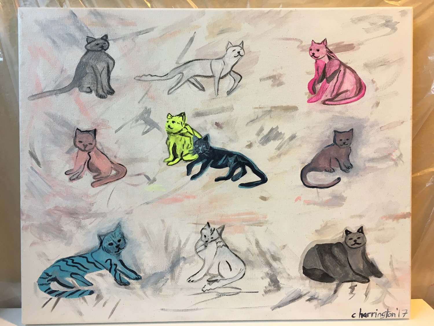 Assorted Cats, Acrylic on Canvas, 16 x 20 inches, 2016